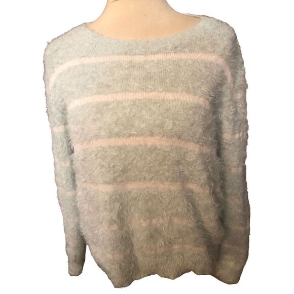 CeCe eyelash light blue/green and white striped long sleeve sweater Size L - Picture 3 of 12